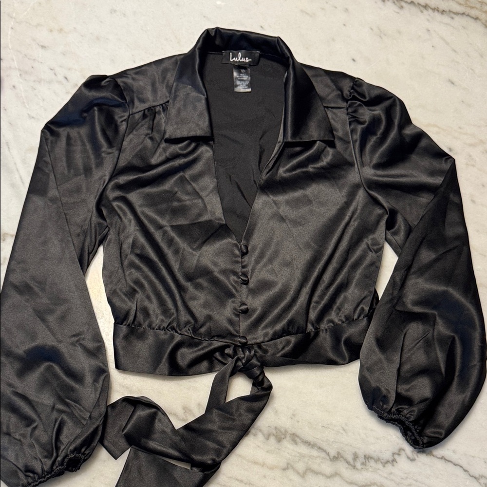 Lulu's Black Satin Button-Front Blouse with Tie Waist‎